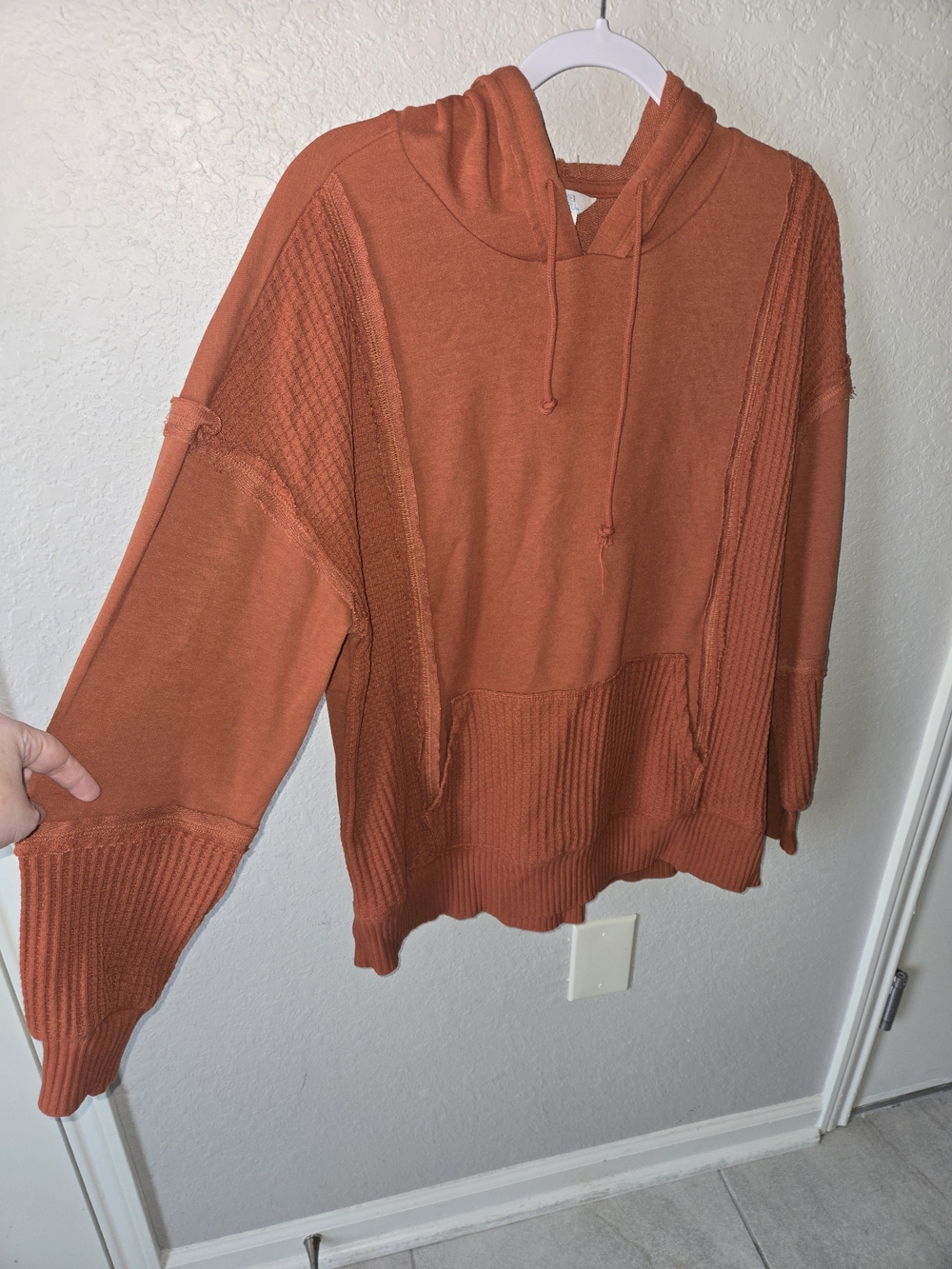 Time & Tru Terracotta Rust Mixed Media Waffle Knit Hoodie Size L